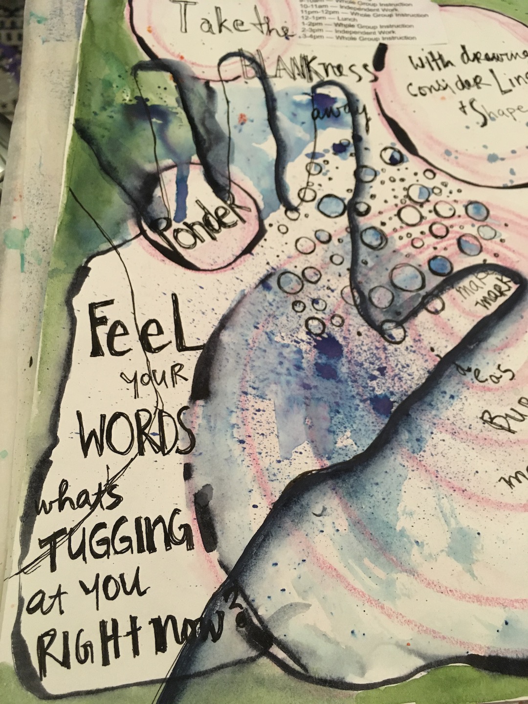 Drawing of a hand with watercolor splatters and swirls by Sande Smith