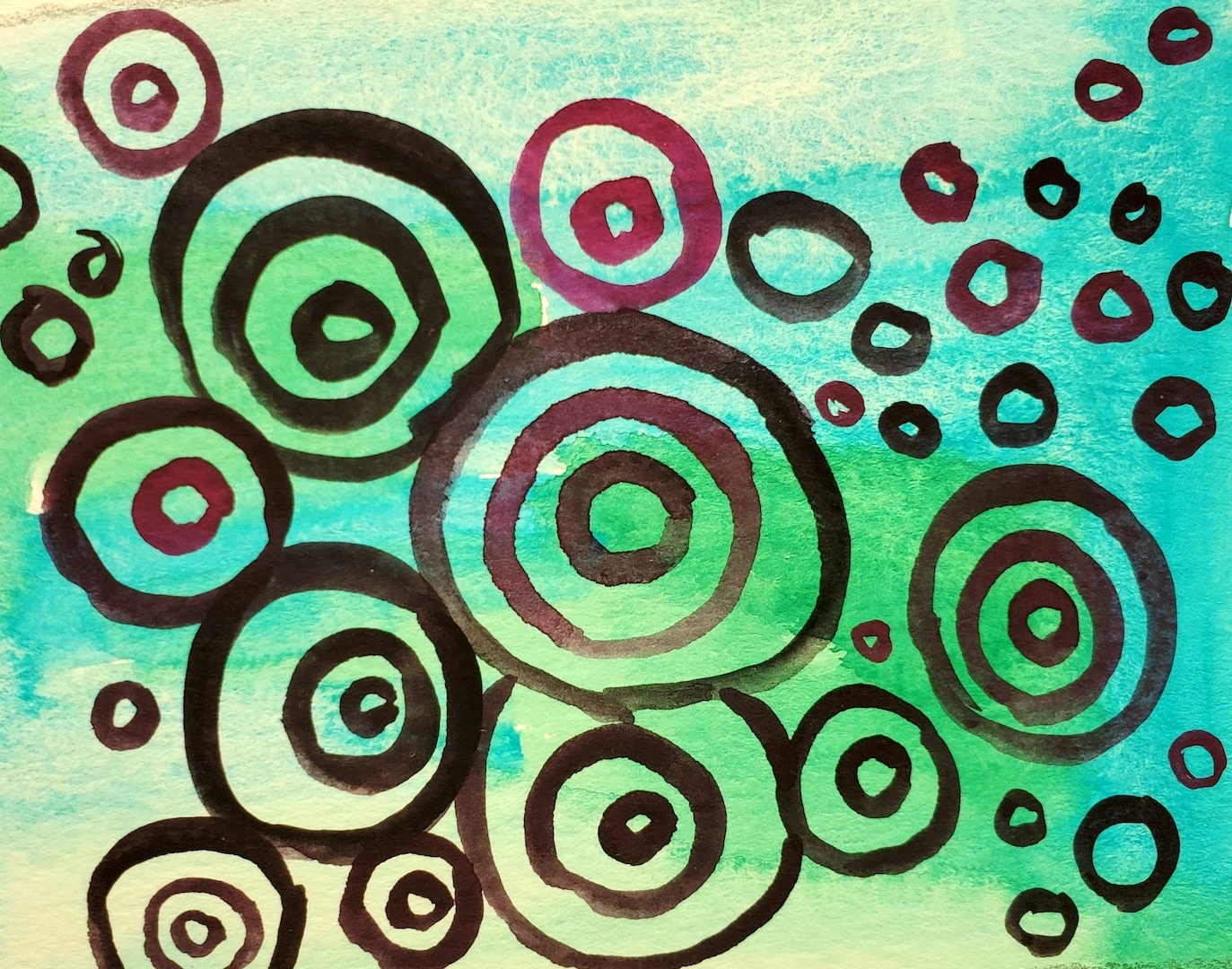 impact circles on blue green background mixed media art by Sande Smith