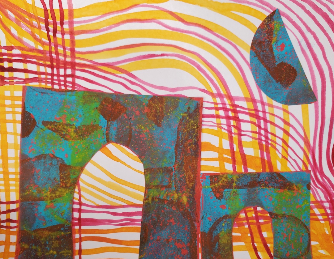 mixed media artwork by Sande Smith abstract red yellow lines with blue green red shapes abstact mixed media artwork