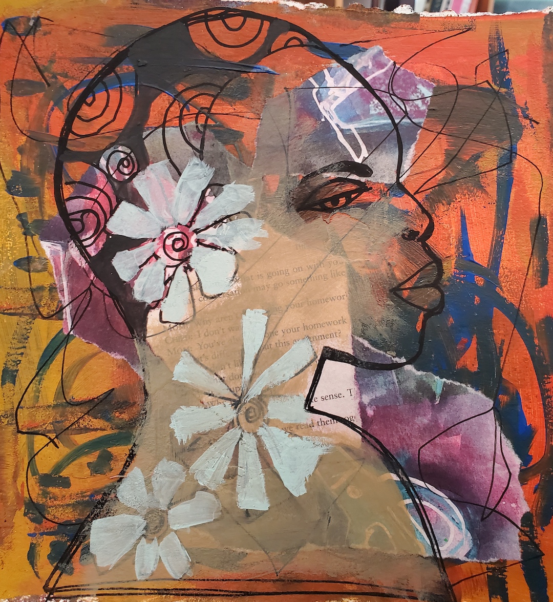 Mixed media portrait with white flowers by Sande Smith Mixed media portrait with white flowers by Sande Smith