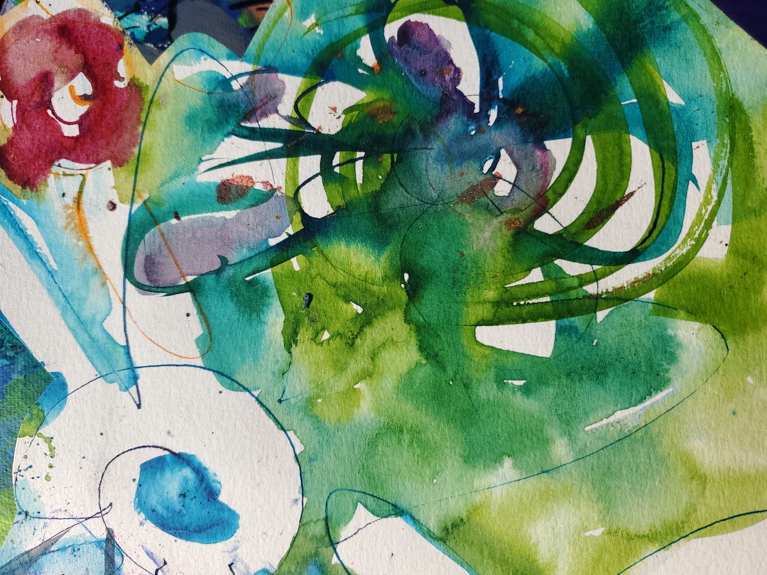 Sande Smith watercolor drawing green blue red abstract with flower shapes